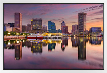 Baltimore Inner Harbor Reflecting Skyline Sunset Photo White Wood Framed Poster 20x14