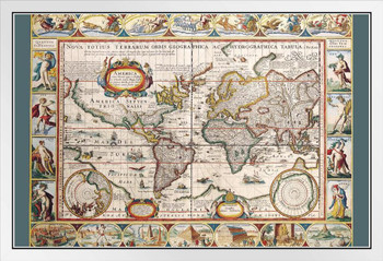 Antique World Map Discovery of America 1492 Latin Text Orbis Geographica Europe Africa Asia White Wood Framed Poster 14x20