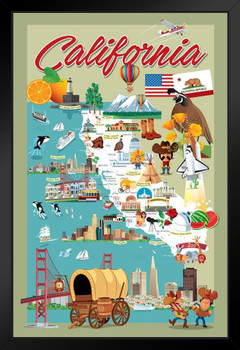 California Retro Cartoon Style Map Art Print Stand or Hang Wood Frame Display Poster Print 9x13