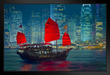 Hong Kong Water Taxi With Read Sails At Night Photo Photograph Art Print Stand or Hang Wood Frame Display Poster Print 13x9