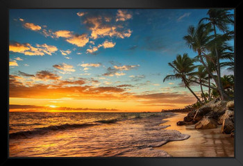 Sunrise on a Tropical Island Paradise Photo Photograph Beach Sunset Palm Landscape Pictures Ocean Scenic Scenery Nature Photography Scenes Stand or Hang Wood Frame Display 9x13