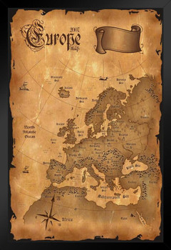 Europe Vintage Antique Style Map Travel World Map with Cities in Detail Map Posters for Wall Map Art Wall Decor Geographical Illustration Travel Destinations Stand or Hang Wood Frame Display 9x13