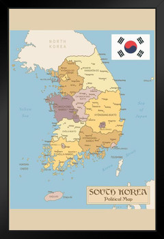 South Korea Vintage Political Map Poster Republic of Korea Provinces with Flag With North Korea Yellow Sea Of Japan Geography Map Stand or Hang Wood Frame Display 9x13
