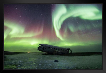 Aurora Polaris in Sky Above Iceland DC 3 Wreckage Photo Photograph Art Print Stand or Hang Wood Frame Display Poster Print 13x9