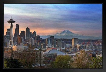 Seattle Sunrise with Mount Rainier Space Needle Photo Photograph Art Print Poster No Glare Wood Frame Display 8x12