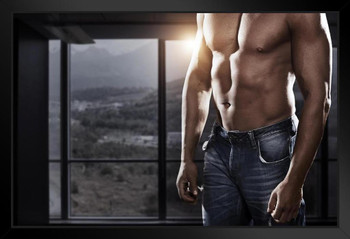 Hot Muscular Man with Rock Hard Abs at Home Photo Photograph Art Print Stand or Hang Wood Frame Display Poster Print 13x9