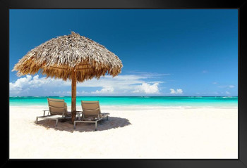 Beach Chairs Under Umbrella On Beautiful Sand Beach Photo Photograph Art Print Stand or Hang Wood Frame Display Poster Print 13x9