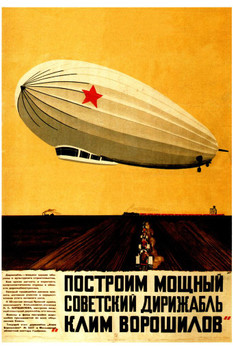 Laminated Russian Blimp Zeppelin Red Soviet Star Vintage Illustration Travel Poster Dry Erase Sign 24x36