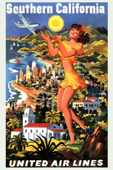 Southern California United Air Lines Airlines Illustrated Vintage Travel Cool Wall Decor Art Print Poster 24x36