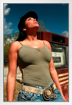 Sexy Hitchhiker at Abandoned Gas Station Photo Photograph White Wood Framed Poster 14x20