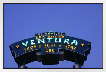 Historic San Buena Ventura California Neon Sign at Night Photo Photograph White Wood Framed Poster 20x14