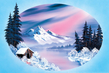 Bob Ross Winter Oval Art Print Painting Bob Ross Poster Bob Ross Collection Bob Art Paintings Happy Accidents Bob Ross Print Decor Mountains Painting Wall Art Laminated Dry Erase Wall Poster 36x24