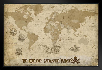 Ye Olde Pirate Map by ProMaps Travel World Map with Cities in Detail Map Posters for Wall Map Art Wall Decor Geographical Illustration Pirate Travel Destinations Stand or Hang Wood Frame Display 9x13