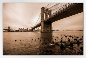 Brooklyn Bridge Over East River Against Cloudy Sky Photo Photograph White Wood Framed Poster 14x20
