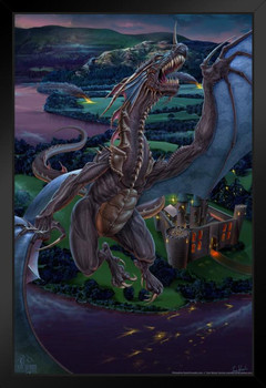 The Last Stand Dragon Flying From Castle by Tom Wood Fantasy Poster Medieval Village Battle Stand or Hang Wood Frame Display 9x13
