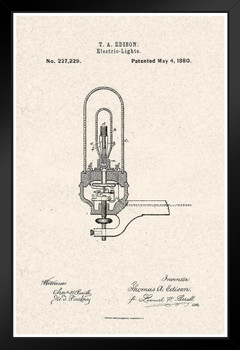 Thomas Edison Electric Light Bulb 1880 Official Patent Tan Color Blueprint Diagram Filament Bulb Science Engineering Math Educational Sign Decoration Stand or Hang Wood Frame Display 9x13