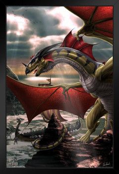 The Sentinel Dragon Guarding Port by Tom Wood Fantasy Poster Green Red Dragon Ocean Ship Stand or Hang Wood Frame Display 9x13