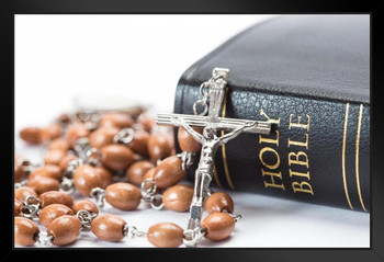 Black Leather Bound Holy Bible with Rosary Beads Photo Photograph Art Print Stand or Hang Wood Frame Display Poster Print 13x9