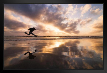 Man Jumping on Beach at Sunset Photo Photograph Art Print Stand or Hang Wood Frame Display Poster Print 13x9