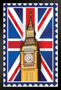 London England Big Ben Union Jack British Flag Stamp Art Print Stand or Hang Wood Frame Display Poster Print 9x13