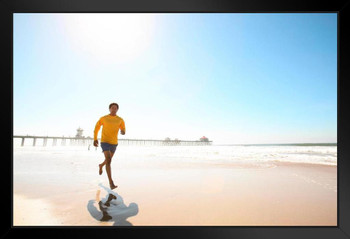 Man Jogging on the Beach Inspirational Photo Photograph Art Print Stand or Hang Wood Frame Display Poster Print 13x9