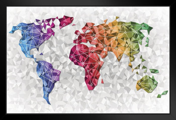 Global Network Map Travel World Map with Geometric Detail Map Posters for Wall Map Art Wall Decor Geographical Illustration Tourist Travel Destinations Rainbow Stand or Hang Wood Frame Display 9x13