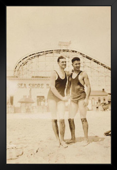 Two Men Standing on Beach Shaking Hands B&W Photo Photograph Stand or Hang Wood Frame Display 9x13