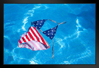 American Flag Printed Bikini Floating in Pool Photo Photograph Art Print Stand or Hang Wood Frame Display Poster Print 13x9