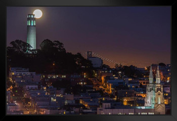 Moon Over Telegraph Hill San Francisco Skyline Photo Photograph Art Print Stand or Hang Wood Frame Display Poster Print 13x9