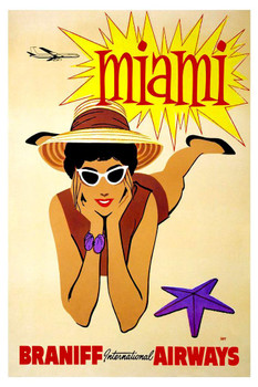 Miami Florida Braniff International Airways Retro Woman On Sunny Beach Illustration Vintage Travel Cool Wall Art Print Poster 24x36