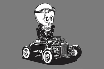 Hot Rod Skeleton King Of The Road Skull Driving Roadster Car Black White Drawing Cool Wall Decor Art Print Poster 36x24