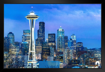Seattle Washington Skyline Space Needle at Dusk Photo Photograph Art Print Stand or Hang Wood Frame Display Poster Print 13x9