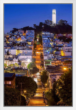 Coit Tower San Francisco California at Night Photo Photograph White Wood Framed Poster 14x20