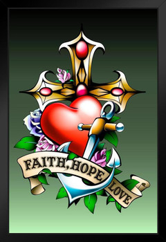 Faith Hope and Love Cross Anchor Tattoo Art Print Stand or Hang Wood Frame Display Poster Print 9x13