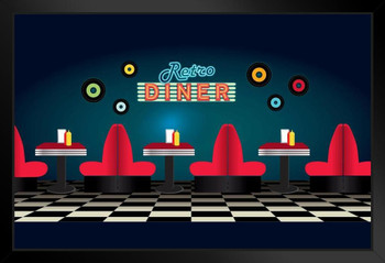 Retro Diner Restaurant Scene Inside Seating Booths Vintage Retro Checkerboard Neon Sign Classic Diner Design Stand or Hang Wood Frame Display 9x13