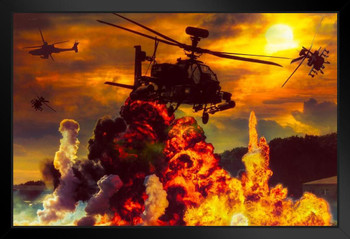 Military AH64 Combat Attack Helicopter Sunset Flight Flying Fire Explosion Photography Picture Modern Wood Frame Display 9x13
