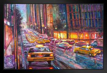 Night Streets New York City NYC Traffic Taxis Art Print Stand or Hang Wood Frame Display Poster Print 13x9