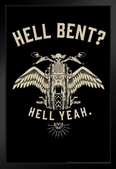 Hell Bent Hell Yeah Motorcycle Bike Retro Biker Poster Vintage Style Skull And Eagle Angel Wings Chopper Stand or Hang Wood Frame Display 9x13