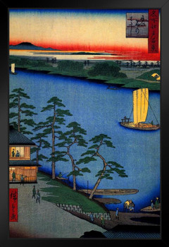 Utagawa Hiroshige Nijuku Ferry Japanese Art Poster Traditional Japanese Wall Decor Hiroshige Woodblock Landscape Artwork Boating Nature Asian Print Decor Stand or Hang Wood Frame Display 9x13