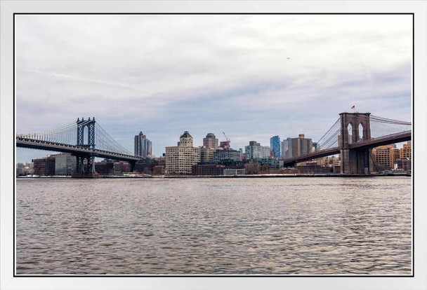 Manhattan and Brooklyn Bridges New York City Photo Photograph White Wood Framed Poster 20x14