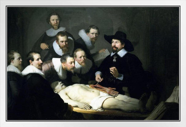 Rembrandt Anatomy Lesson of Dr Nicolaes Tulp Poster 1632 Oil On Canvas Painting Medical Doctor Dissection Artwork White Wood Framed Art Poster 20x14