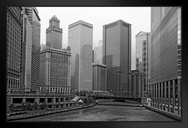 Downtown Chicago River and Highrise Buildings Black and White Photo Photograph Art Print Stand or Hang Wood Frame Display Poster Print 13x9