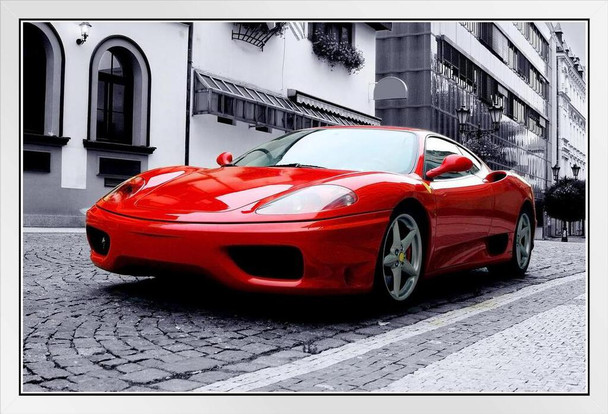 Beautiful Red Sports Car on Urban Street Photo Photograph White Wood Framed Art Poster 20x14