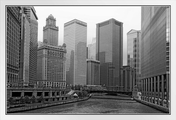 Downtown Chicago River and Highrise Buildings Black and White Photo Photograph White Wood Framed Poster 20x14