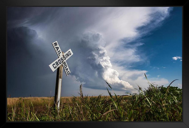 Railroad Crossing with a Storm Coming Photo Photograph Art Print Stand or Hang Wood Frame Display Poster Print 13x9