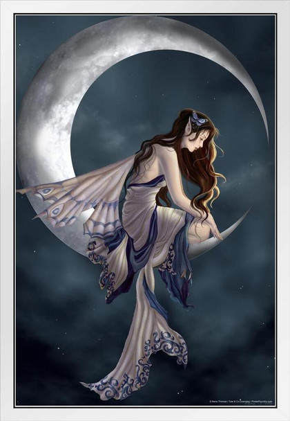 Memory Fairy Silk Dress On Moon by Nene Thomas Fantasy Poster Magical Night Mystical White Wood Framed Art Poster 14x20