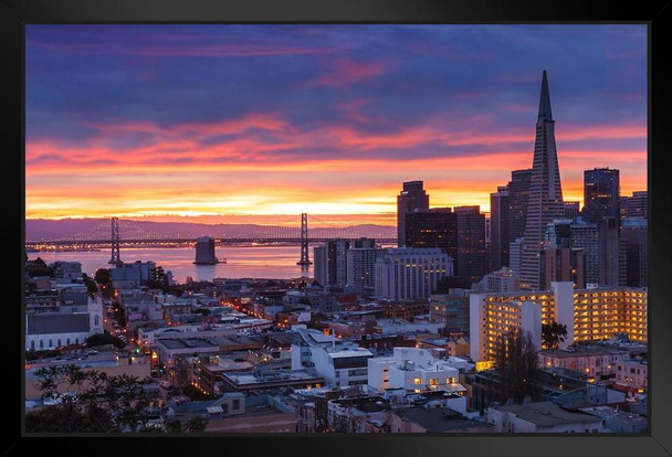 San Francisco California Bay Bridge Downtown Buildings at Dawn Sunrise Orange Purple Sky Landscape Photo Stand or Hang Wood Frame Display 9x13