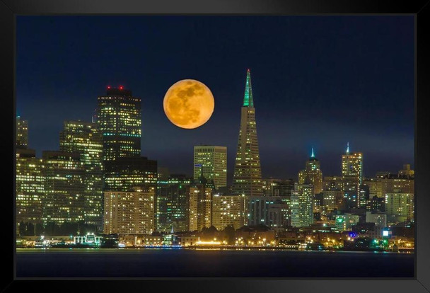 Full Moon Over San Francisco California Skyline Photo Photograph Art Print Stand or Hang Wood Frame Display Poster Print 13x9