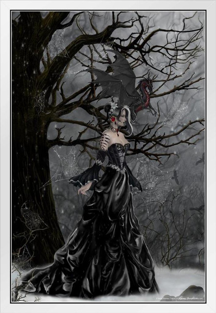 Queen of Shadows At Night With Black Baby Dragon by Nene Thomas Fantasy Poster Dark Forest Witchcraft Sorcerer White Wood Framed Art Poster 14x20