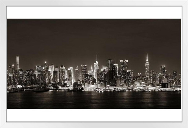 Midtown Manhattan Skyline Hudson River Black White Photo White Wood Framed Poster 20x14